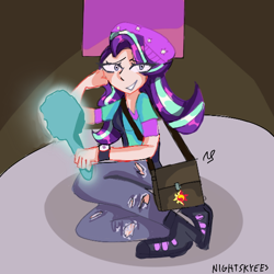 Size: 600x600 | Tagged: safe, artist:nightskyees, derpibooru import, starlight glimmer, human, unicorn, equestria girls, mirror magic, spoiler:eqg specials, arts, backround, beanie, big eyes, breasts, clothes, hat, humanized, jacket, mirror, pants, scene interpretation, shading, shoes, sneakers, solo, sunset shimmer cutie mark, torn clothes