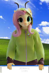 Size: 2160x3240 | Tagged: safe, derpibooru import, fluttershy, anthro, pegasus, 3d, :p, antonymph, blender, blender cycles, bliss xp, clothes, cute, female, fluttgirshy, gir, hoodie, looking at you, microsoft, microsoft windows, ms paint, nexgen, solo, tongue, tongue out, vylet pony, webcore, windows xp