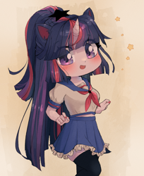 Size: 1509x1849 | Tagged: safe, artist:ponchik_art, derpibooru import, twilight sparkle, human, equestria girls, chibi, clothes, ear fluff, ears, humanized, open mouth, open smile, school uniform, skirt, smiling, socks, solo, thigh highs