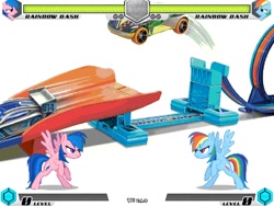 Size: 994x746 | Tagged: safe, derpibooru import, rainbow dash, pegasus, pony, fighting is magic, car, crossover, fan game, game, hot wheels, jumping, race, race track, racing, recolor, simple background, toy, track, tracks