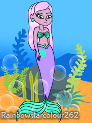 Size: 1536x2048 | Tagged: safe, artist:rainbowstarcolour262, derpibooru import, oc, oc only, oc:zina pearl, mermaid, equestria girls, bare shoulders, belly button, belly piercing, bellyring, bra, breasts, bubble, cleavage, clothes, ear piercing, earring, eyeshadow, female, fish tail, jewelry, makeup, mermaid tail, mermaidized, obtrusive watermark, piercing, purple eyes, rock, seashell bra, seaweed, signature, solo, species swap, strapless, tail, underwear, water, watermark