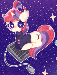 Size: 1521x1998 | Tagged: safe, artist:arwencuack, derpibooru import, moondancer, pony, unicorn, advertisement, commission, commission info, computer mouse, cute, heart, heart eyes, keyboard, solo, space, wingding eyes