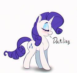 Size: 1000x952 | Tagged: safe, artist:inkypuso, derpibooru import, rarity, pony, unicorn, darling, dialogue, eyes closed, female, mare, open mouth, open smile, simple background, smiling, solo, white background