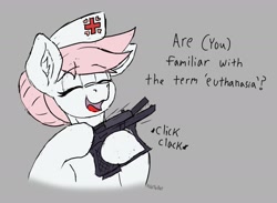 Size: 1539x1126 | Tagged: safe, artist:reddthebat, derpibooru import, nurse redheart, earth pony, pony, (you), bust, dialogue, ear fluff, ears, eyebrows, eyebrows visible through hair, female, glasses, gray background, gun, handgun, hoof hold, mare, onomatopoeia, open mouth, open smile, pistol, simple background, smiling, solo, weapon