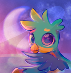 Size: 804x826 | Tagged: safe, artist:lanlanlc, derpibooru import, gallus, griffon, crescent moon, galaxy, happy face, male, moon, night, ocean, spread wings, stars, water, wide eyes, wings