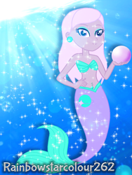 Size: 1536x2048 | Tagged: safe, artist:rainbowstarcolour262, derpibooru import, oc, oc only, oc:zina pearl, mermaid, equestria girls, bare shoulders, belly button, belly piercing, bellyring, bra, bubble, crepuscular rays, ear piercing, earring, eyeshadow, female, fish tail, hand on hip, jewelry, lens flare, makeup, mermaid tail, mermaidized, obtrusive watermark, ocean, pearl, piercing, purple eyes, seashell bra, signature, solo, sparkles, species swap, strapless bra, sunlight, swimming, tail, underwater, underwear, water, watermark