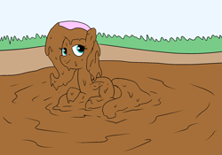 Size: 2000x1400 | Tagged: safe, artist:amateur-draw, derpibooru import, fluttershy, pegasus, covered in mud, looking at you, lying down, mud, mud mask, mud play, mud pony, muddy, simple background, solo, wet and messy