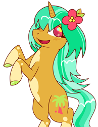 Size: 1876x2422 | Tagged: safe, artist:reponer, derpibooru import, pony, unicorn, bipedal, flower, flower in hair, flowing mane, simple background, smiling, solo, standing, tropical, white background