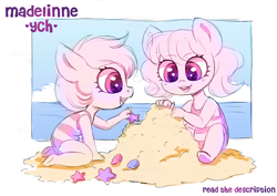 Size: 4093x2894 | Tagged: safe, artist:madelinne, derpibooru import, beach, chibi, clothes, cloud, commission, cute, duo, sandcastle, sky, swimsuit, water, your character here