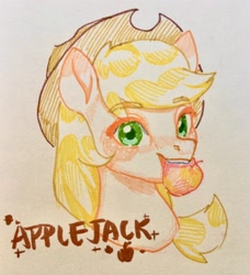 Size: 2122x2328 | Tagged: safe, artist:rily, derpibooru import, applejack, earth pony, pony, female, simple background, smiling, solo, traditional art, white background