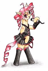 Size: 1926x2840 | Tagged: safe, artist:40kponyguy, derpibooru exclusive, derpibooru import, pony, bipedal, clothes, colored pencil drawing, ear fluff, ears, hoof hold, kasane teto, looking at you, microphone, pigtails, pleated skirt, ponified, simple background, skirt, solo, species swap, traditional art, vocaloid, white background, zettai ryouiki