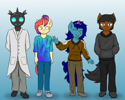 Size: 2953x2362 | Tagged: safe, artist:thatsbadboi, derpibooru import, oc, oc only, oc:calm field, oc:lorad, oc:sivia, oc:tandem, anthro, changeling, earth pony, unicorn, anthro oc, gradient background, walking