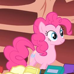 Size: 522x523 | Tagged: safe, derpibooru import, screencap, pinkie pie, earth pony, pony, season 1, sonic rainboom (episode), book, cropped, female, golden oaks library, mare, pile of books, smiling, solo, standing