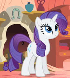 Size: 690x765 | Tagged: safe, derpibooru import, screencap, rarity, pony, unicorn, look before you sleep, season 1, cropped, female, golden oaks library, hooves, looking up, mare, smiling, solo, standing