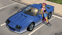 Size: 2045x1150 | Tagged: safe, artist:apocheck13, derpibooru import, scootaloo, anthro, pegasus, plantigrade anthro, car, chevrolet camaro, clothes, female, grass, high angle, leaning, leaning back, looking at you, looking up, looking up at you, mare, midriff, parking lot, shoes, skirt, smiling, smiling at you, sneakers, socks, vest