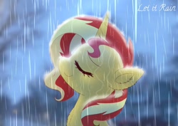 Size: 1600x1131 | Tagged: safe, artist:jaanhavi, derpibooru import, sunset shimmer, pony, unicorn, chest fluff, eyes closed, female, mare, nose in the air, rain, smiling, solo