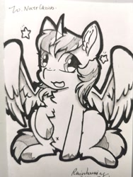 Size: 2526x3368 | Tagged: safe, artist:rainbowwing, derpibooru import, oc, alicorn, alicorn oc, ear fluff, ears, female, horn, looking at you, mare, monochrome, oc：noctr cassius, photo, raised hoof, raised leg, simple background, solo, spread wings, stars, traditional art, white background, wings