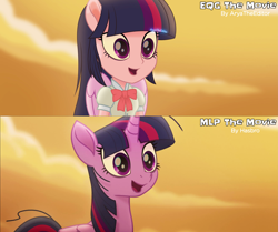 Size: 3725x3120 | Tagged: safe, artist:aryatheeditor, derpibooru import, edit, screencap, twilight sparkle, twilight sparkle (alicorn), alicorn, human, pony, equestria girls, my little pony: the movie, comparison, duo, duo female, equestria girls interpretation, female, ponied up, scene interpretation, screencap reference