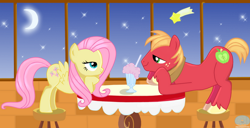 Size: 748x384 | Tagged: safe, artist:aquasparkles, derpibooru import, big macintosh, fluttershy, earth pony, pegasus, pony, date, drink, female, fluttermac, looking at each other, looking at someone, male, mare, milkshake, moon, night, restaurant, shipping, smiling, smiling at each other, stallion, straight