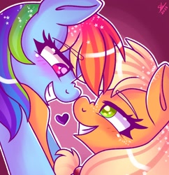 Size: 1238x1280 | Tagged: safe, artist:galaxy swirl, derpibooru import, applejack, rainbow dash, earth pony, pegasus, pony, appledash, blushing, boop, female, grin, heart, heart eyes, lesbian, looking at each other, looking at someone, nose wrinkle, noseboop, shipping, smiling, wingding eyes