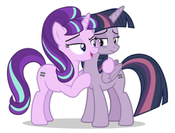 Size: 6300x4800 | Tagged: safe, alternate version, artist:gypsykumquat, derpibooru import, starlight glimmer, twilight sparkle, alicorn, pony, unicorn, .svg available, absurd resolution, alternate hairstyle, cheek bulge, cheek squish, depressed, discorded twilight, duo, duo female, ears, equal cutie mark, equality, equalized, female, floppy ears, high res, inkscape, mare, our town, s5 starlight, show accurate, simple background, smug, smuglight glimmer, squishy cheeks, svg, transparent background, vector