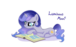 Size: 1547x973 | Tagged: safe, artist:stellamoonshineyt, derpibooru import, oc, oc only, oc:luminous moon, pony, unicorn, book, female, lying down, mare, prone, simple background, solo, transparent background