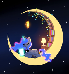 Size: 2131x2262 | Tagged: safe, artist:jaanhavi, derpibooru import, princess luna, alicorn, pony, book, crescent moon, cute, dreamworks, ethereal mane, ethereal tail, eyes closed, female, glowing, glowing horn, horn, lamp, lantern, levitation, library, lunabetes, magic, mare, moon, night, solo, starry mane, starry tail, stars, tail, tangible heavenly object, telekinesis