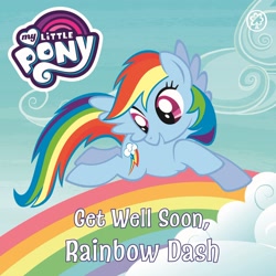 Size: 1948x1949 | Tagged: safe, derpibooru import, rainbow dash, pegasus, pony, board book, book cover, cloud, cover, day, eyes open, female, flying, get well soon rainbow dash, mare, my little pony logo, official, open mouth, orchard books, outdoors, rainbow, solo, spread wings, stock vector, text, wings