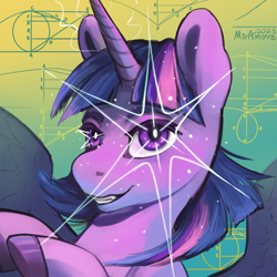 Size: 2500x2500 | Tagged: safe, artist:miramore, derpibooru import, twilight sparkle, twilight sparkle (alicorn), alicorn, pony, cool, digital art, effects, gradient background, horn, krita, looking at you, math, profile picture, purple eyes, smiling, smiling at you, solo, sparkles, spread wings, wings