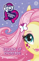 Size: 1519x2327 | Tagged: safe, derpibooru import, fluttershy, equestria girls, legend of everfree, cutie mark eyes, cutie mark on equestria girl, equestria girls logo, eyeshadow, female, flowing hair, hairclip, lipstick, makeup, my little pony logo, official, orchard books, perdita finn, ponied up, pony ears, solo, sparkles, wingding eyes