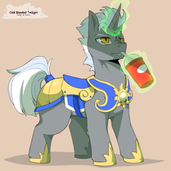 Size: 1200x1200 | Tagged: safe, artist:cold-blooded-twilight, derpibooru import, oc, oc only, oc:scope, armor, aura, colored, custom armor, drink, magic, royal guard, sipping, smoothie, straw in mouth, telekinesis