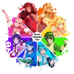 Size: 1280x1280 | Tagged: safe, artist:applesartt, derpibooru import, applejack, human, equestria girls, :p, anime, apple, avatar the last airbender, barbie, blueberry (strawberry shortcake), book, catra, color wheel, color wheel challenge, cowboy hat, cure peace, female, females only, food, hat, hatsune miku, heart hands, looking at you, love live!, one eye closed, precure, reading, she-ra and the princesses of power, smile precure, strawberry shortcake, tongue, tongue out, toph bei fong, vocaloid, wink