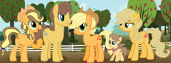 Size: 749x276 | Tagged: safe, artist:rinfrost1, derpibooru import, applejack, caramel, oc, earth pony, pony, carajack, colt, family, female, foal, male, mare, offspring, parent:applejack, parent:caramel, parents:carajack, shipping, stallion, straight
