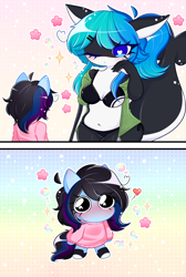 Size: 1820x2704 | Tagged: safe, artist:arwencuack, derpibooru import, oc, oc only, oc:aqua marine, oc:maple cake, anthro, earth pony, advertisement, belly button, bra, breasts, clothes, comic, commission, commission info, heart, heart eyes, meme, underwear, wingding eyes