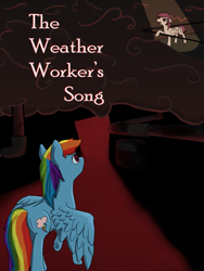 Size: 768x1024 | Tagged: safe, artist:silent whisper, derpibooru import, rainbow dash, pegasus, fanfic:rainbow factory, fanfic:the weather worker's song, cloud, fanfic, fanfic art, fanfic cover, railing, rainbow factory dash, spotlight, text