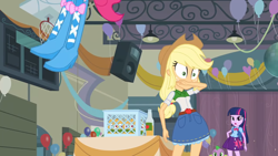 Size: 1280x720 | Tagged: safe, derpibooru import, screencap, applejack, pinkie pie, spike, spike the regular dog, twilight sparkle, dog, human, equestria girls, equestria girls (movie), boots, cowboy hat, hand on mouth, hat, shoes, wiping