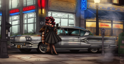 Size: 3010x1550 | Tagged: safe, artist:king-kakapo, derpibooru import, oc, oc only, oc:flechette, anthro, changeling, hybrid, moth, mothling, original species, plantigrade anthro, anthro oc, breasts, car, changeling oc, city, cleavage, clothes, dress, evening gloves, female, gloves, high heels, horn, long gloves, pontiac, pontiac bonneville, red changeling, shoes, smoking, solo, wings