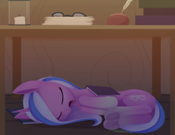 Size: 2388x1836 | Tagged: safe, artist:dusthiel, derpibooru import, oc, oc only, pony, unicorn, book, female, lying down, lying on the floor, mare, on side, open mouth, sleeping, snoring, solo, underhoof