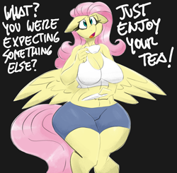 Size: 5200x5100 | Tagged: safe, artist:flutterthrash, derpibooru import, fluttershy, anthro, pegasus, g4, black background, breasts, cleavage, clothes, cup, dialogue, ears, female, floppy ears, hootershy, mare, midriff, open mouth, plate, shorts, simple background, solo, spread wings, tail, tanktop, teacup, wide hips, wings