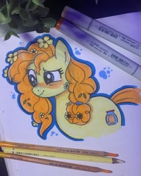 Size: 1440x1800 | Tagged: safe, artist:flutterpawss, derpibooru import, pear butter, earth pony, pony, blushing, cute, female, flower, flower in hair, mare, outline, smiling, solo, traditional art