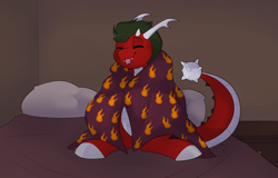 Size: 3000x1920 | Tagged: safe, artist:2k.bugbytes, oc, oc:dragonfire(havock), dracony, hybrid, bed, blanket, commission, horns, mane, pillows, solo