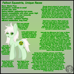 Size: 4000x4000 | Tagged: safe, artist:dice-warwick, derpibooru import, oc, oc only, original species, pony, fallout equestria, green eyes, looking at you, messy mane, radiation, radioactive, ribs, skinny, solo, standing, text, thin, waste pony