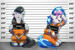 Size: 3252x2144 | Tagged: safe, artist:applephil, derpibooru import, dj pon-3, octavia melody, vinyl scratch, earth pony, pony, unicorn, g4, barbie mugshot meme, chains, clothes, duo, ears, female, floppy ears, high res, jumpsuit, looking at you, mare, meme, mugshot, open mouth, open smile, prison outfit, prisoner octavia, prisoner vinyl, shackles, simple background, smiling, smiling at you, sunglasses, sunglasses on head