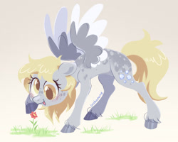 Size: 2048x1638 | Tagged: safe, artist:bishopony, derpibooru import, derpy hooves, pegasus, pony, colored pupils, cute, derpabetes, flower, freckles, grass, smiling, solo, unshorn fetlocks