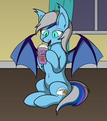 Size: 2200x2500 | Tagged: safe, artist:lone wolf, derpibooru import, bat pony, pony, belly button, drink, fangs, grimace shake, mcdonald's, meme, milkshake, open mouth, photo, solo, spread wings, wings