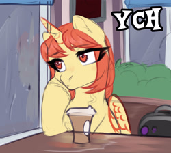 Size: 3000x2688 | Tagged: safe, artist:nika-rain, derpibooru import, oc, alicorn, pony, advertisement, any gender, any race, any species, coffee, coffee cup, commission, cup, cute, female, rain, sketch, solo, window, ych sketch, your character here