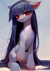 Size: 512x728 | Tagged: safe, ai content, derpibooru import, generator:pony diffusion v5, generator:stable diffusion, machine learning generated, oc, oc only, oc:cosmia nebula, pony, female, long hair, long mane, long tail, sitting, solo, tail