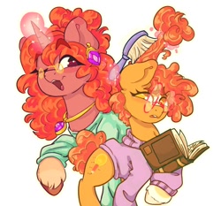 Size: 680x634 | Tagged: safe, artist:zer0wlet, derpibooru import, oc, oc only, oc:mrs. splotch, oc:whizz worm, earth pony, pony, unicorn, book, brush, brushing mane, clothes, curly hair, curly mane, curly tail, daughter, ear piercing, earring, eyelashes, female, glasses, hairbrush, jewelry, magic, magic aura, mare, mother, mother and child, mother and daughter, necklace, parent and child, piercing, round glasses, simple background, sweater, tail, white background