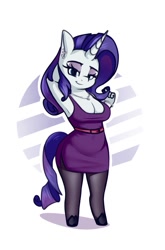 Size: 791x1200 | Tagged: safe, artist:andelai, derpibooru import, rarity, anthro, unguligrade anthro, unicorn, breasts, cleavage, clothes, dress, ear piercing, female, hair twirl, looking at you, piercing, raritits, simple background, smiling, smiling at you, solo, white background