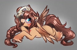 Size: 3623x2356 | Tagged: safe, artist:opalacorn, derpibooru import, oc, oc:ondrea, pegasus, pony, ears, female, floppy ears, gradient background, lying down, mare, open mouth, open smile, prone, smiling, solo, sploot, unshorn fetlocks